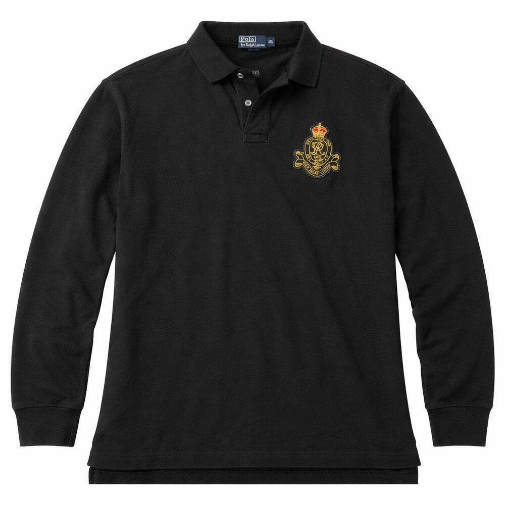Polo Ralph Lauren black cotton long sleeve polo with black gold crest.  Men XL